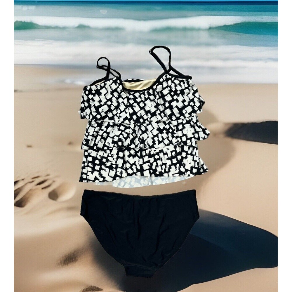Azul Swimsuit 2 Piece Tankini Bikini Swimwear Ruffle Tier Top Black Bottom Large